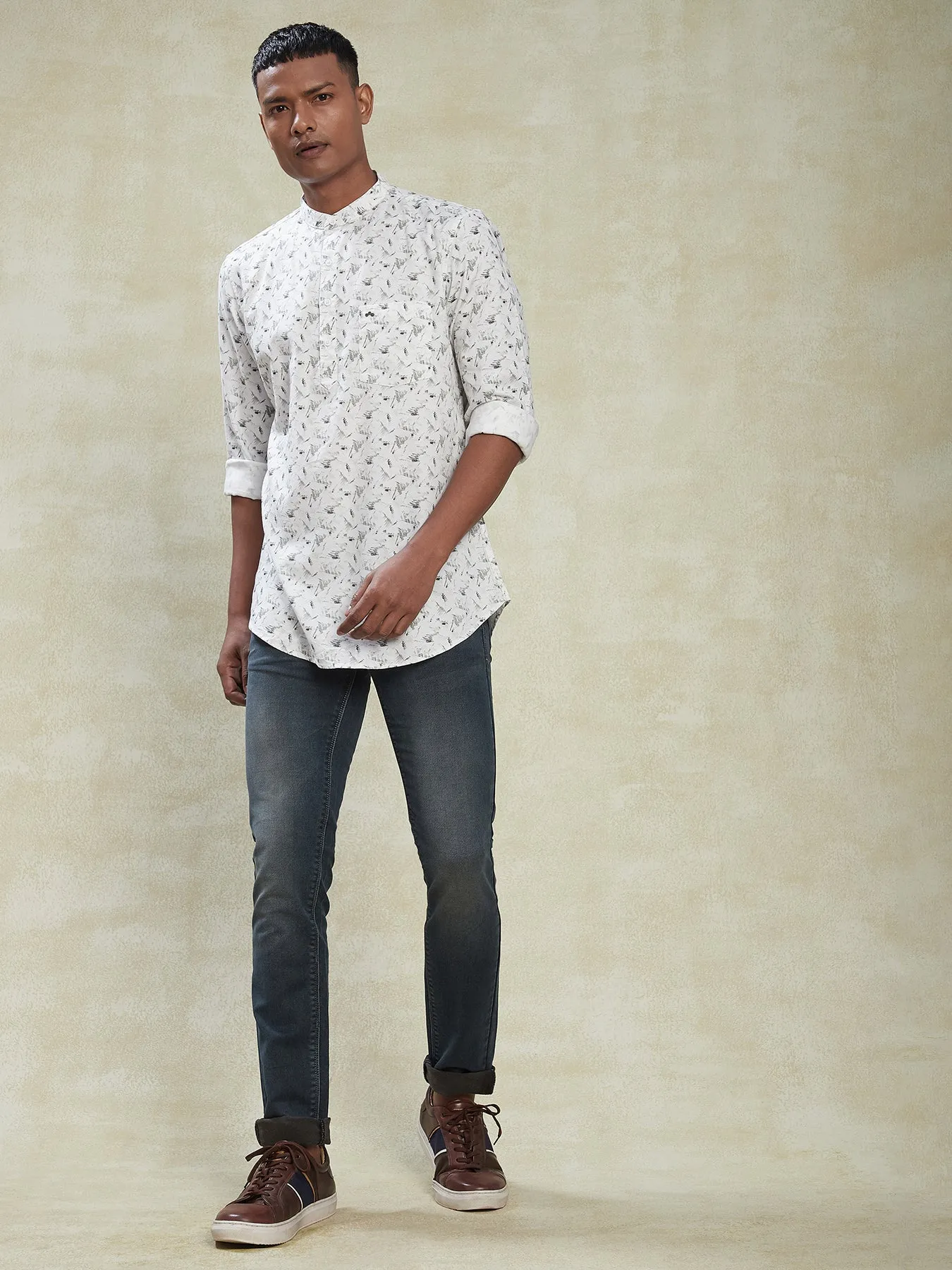 100% Cotton White SLIM FIT Full Sleeve Casual Mens Printed Shirts