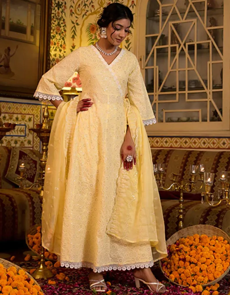 Angrakha Anarkali Kurta Trouser With Dupatta Set Yellow Pure Cotton Pant Anarkali