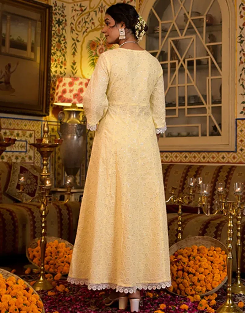 Angrakha Anarkali Kurta Trouser With Dupatta Set Yellow Pure Cotton Pant Anarkali