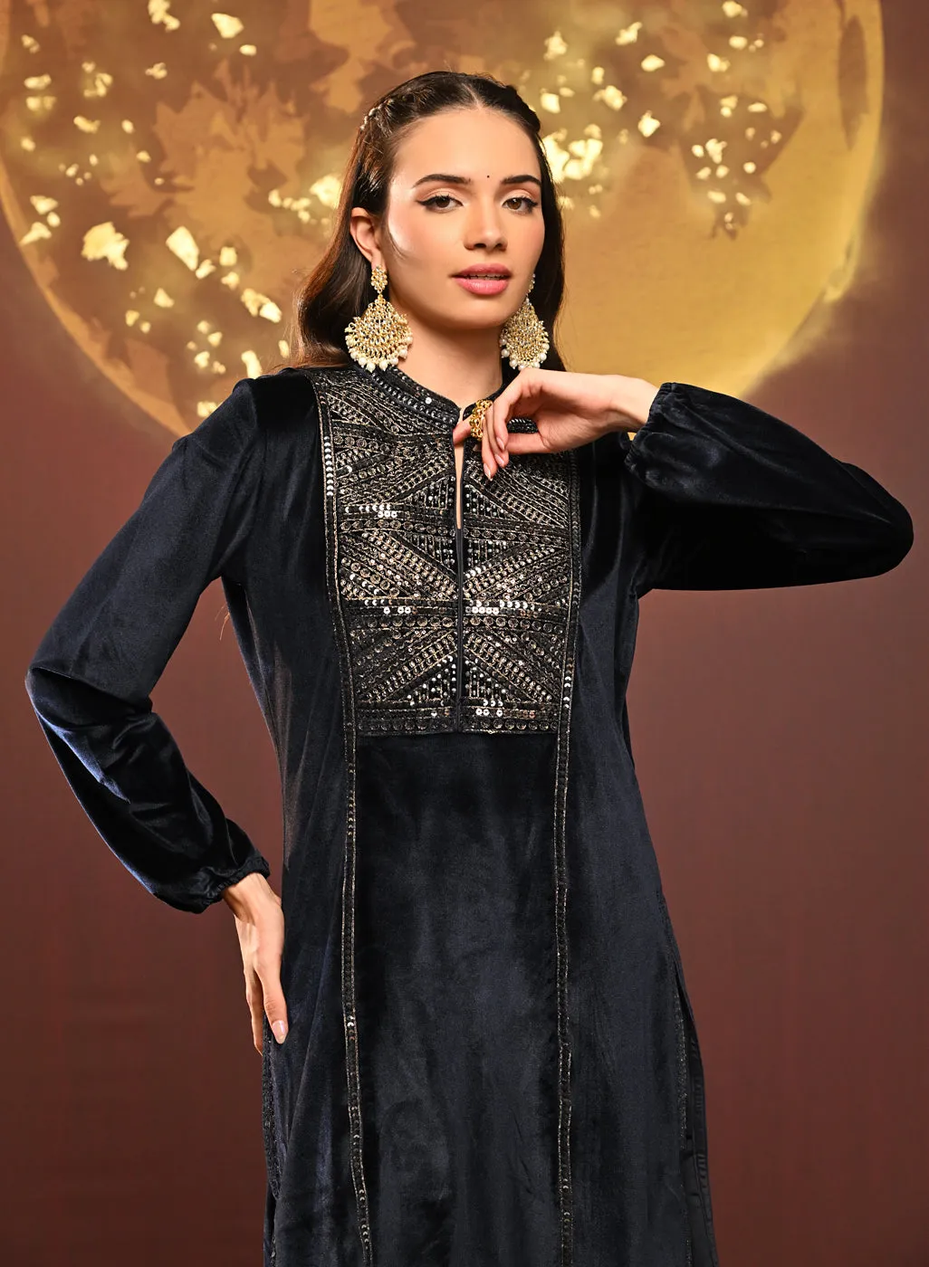 Azra Navy Blue Embroidered Velvet Kurti for Women