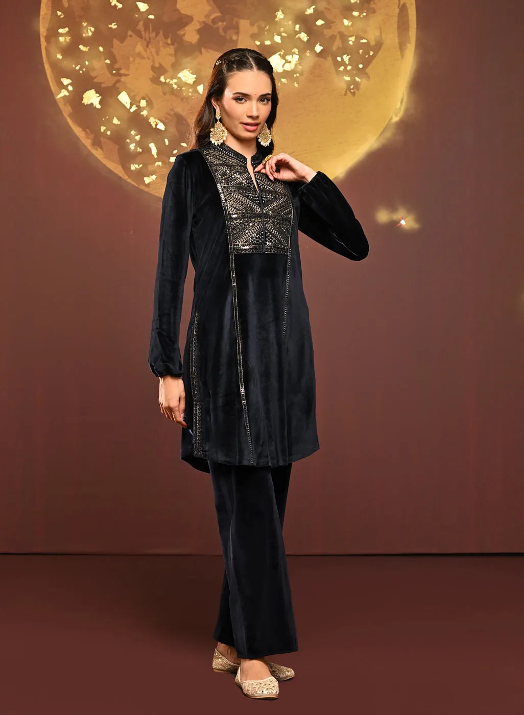 Azra Navy Blue Embroidered Velvet Kurti for Women