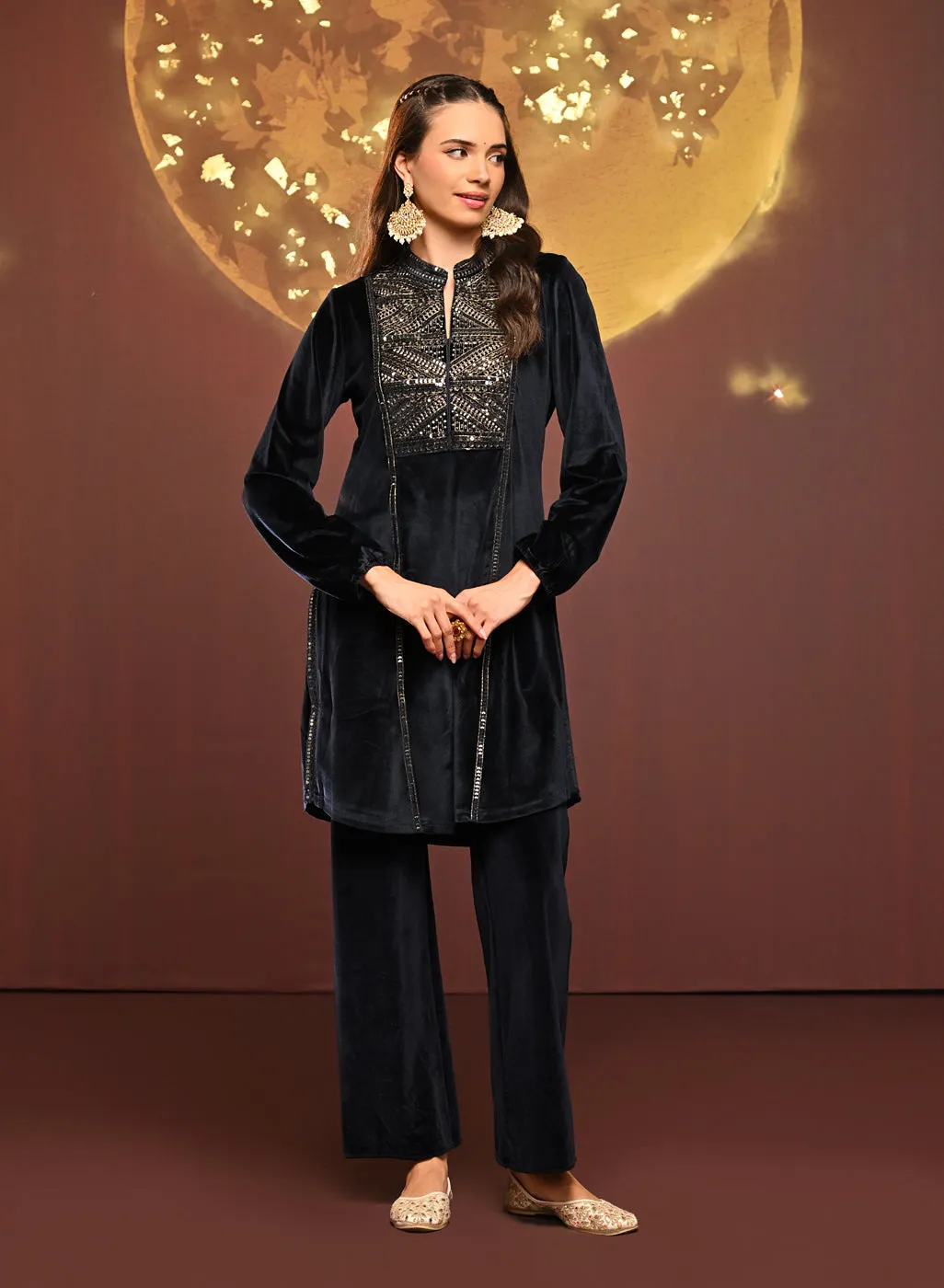 Azra Navy Blue Embroidered Velvet Kurti for Women