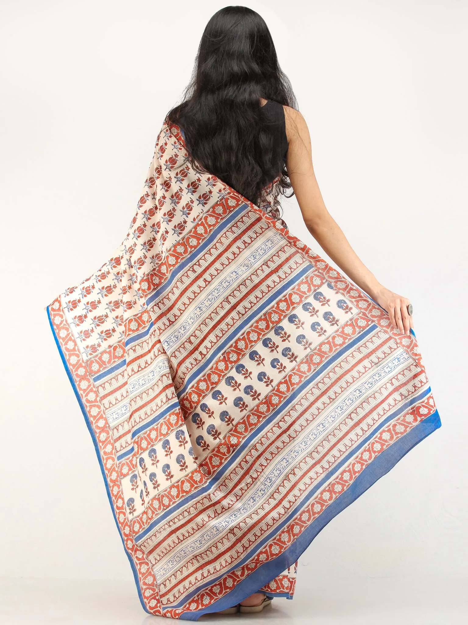 Beige Red Indigo Hand Block Printed  Cotton Mul Saree - s031704546