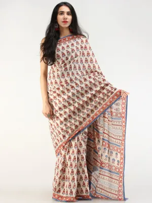 Beige Red Indigo Hand Block Printed  Cotton Mul Saree - s031704546