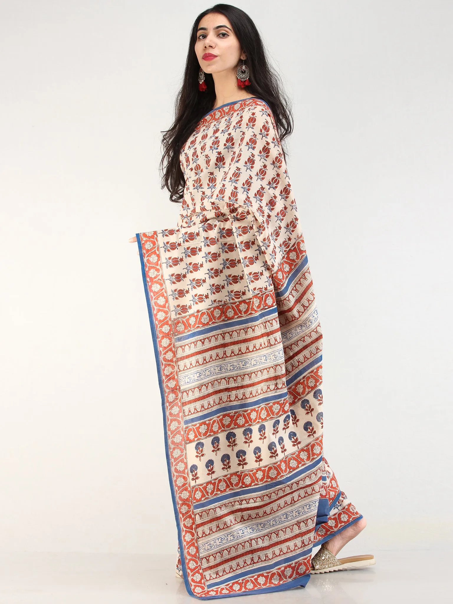 Beige Red Indigo Hand Block Printed  Cotton Mul Saree - s031704546