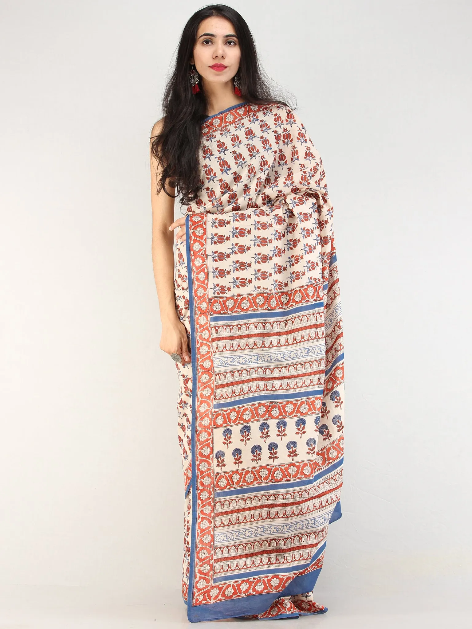 Beige Red Indigo Hand Block Printed  Cotton Mul Saree - s031704546