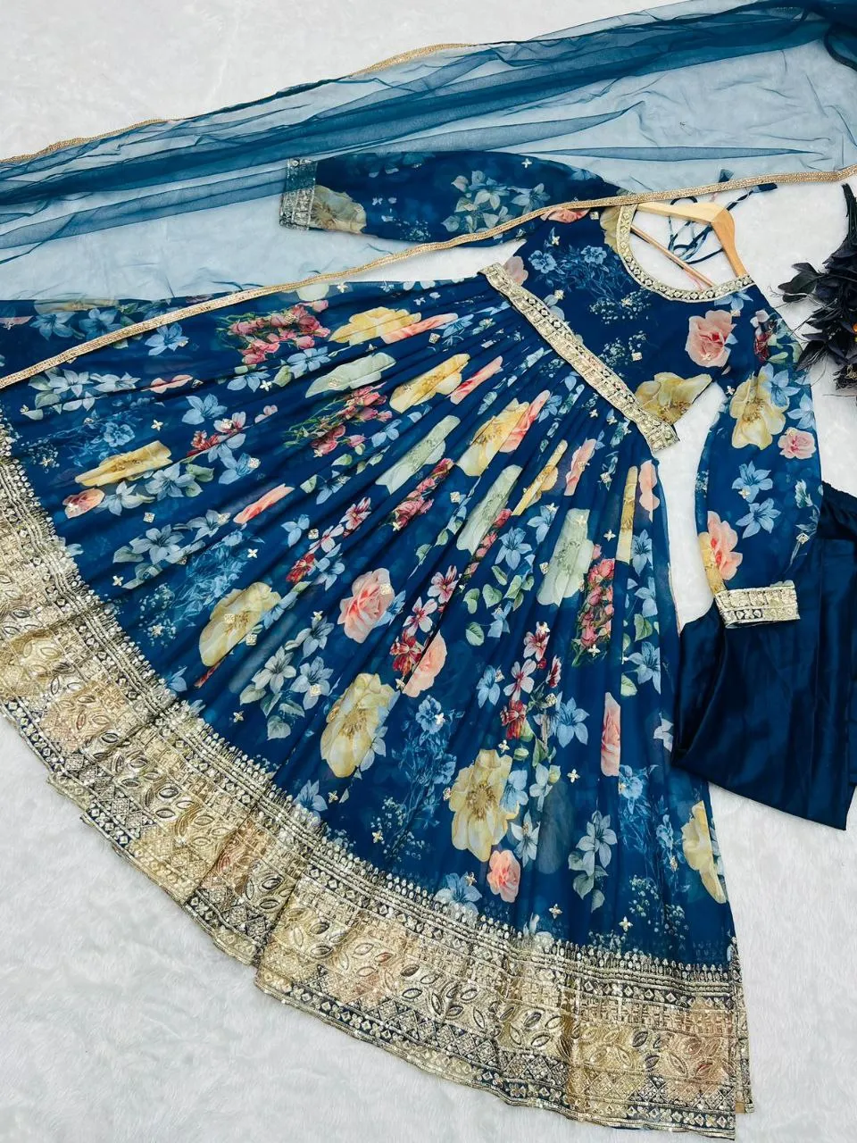Blue Anarkali Gown with Floral Print in Faux Georgette
