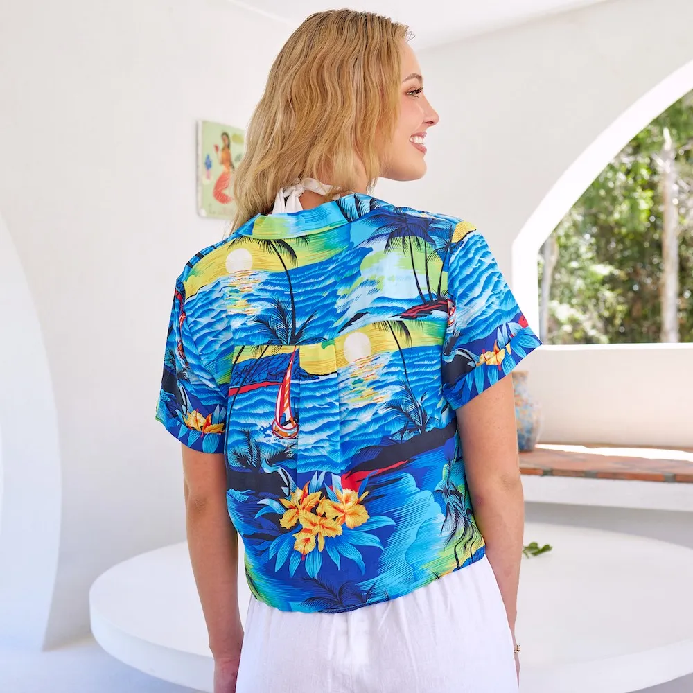 Blue Sunset - Womens Crop Hawaiian Shirt