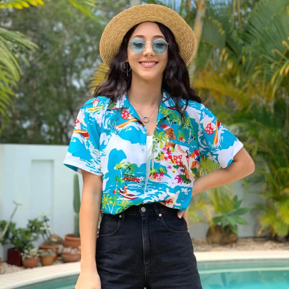 Blue Surfing Santa - Unisex Hawaiian Shirt