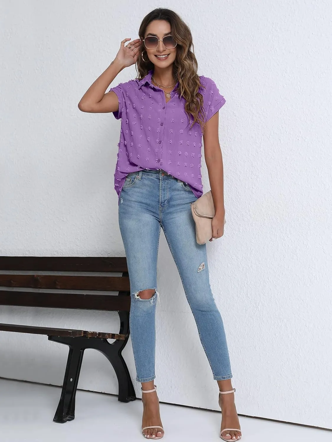BOTHENIAL Women White Button Down Shirt Dressy Casual Work Tops Chiffon Blouse Summer Short Sleeve Shirts
