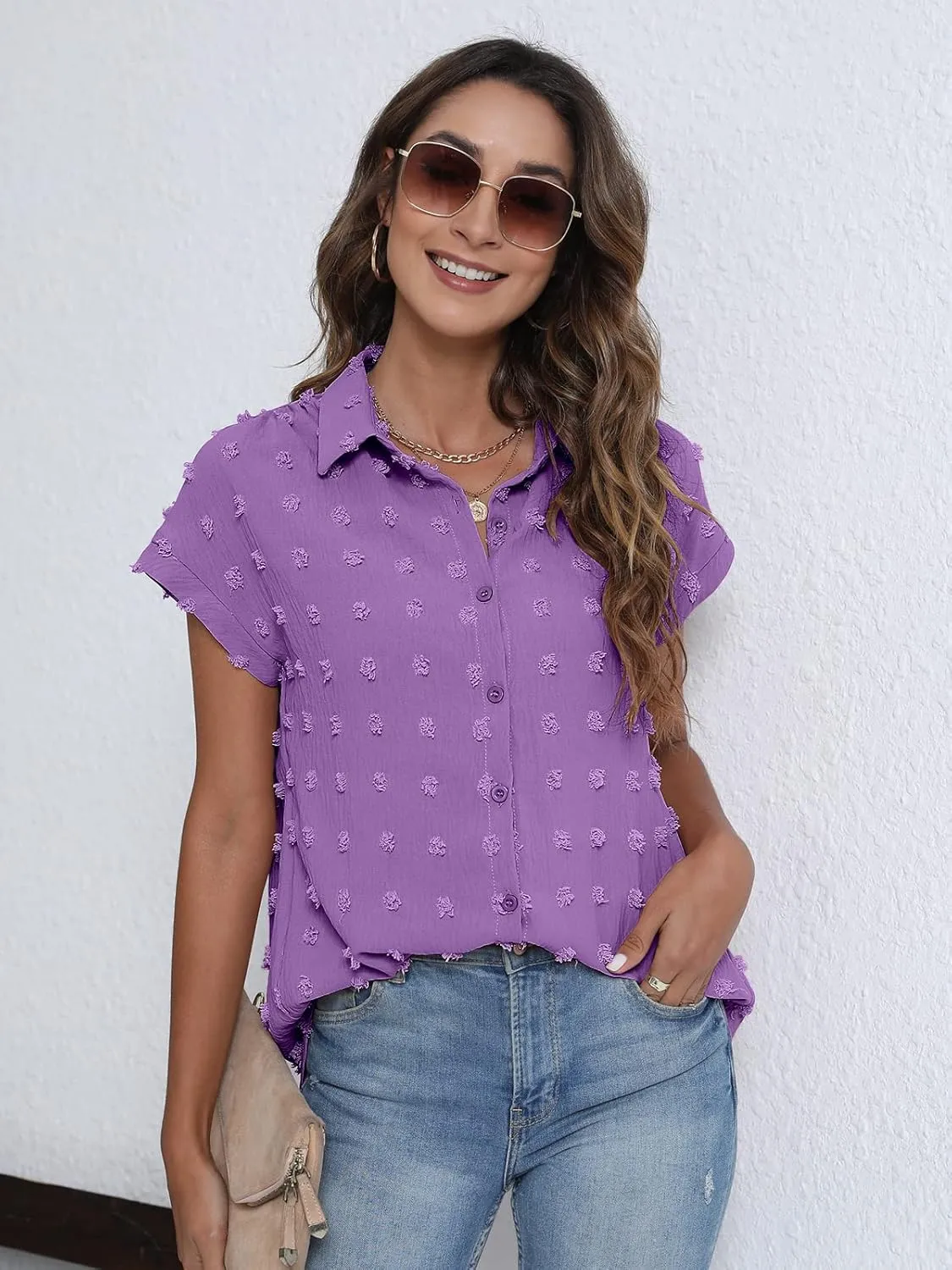 BOTHENIAL Women White Button Down Shirt Dressy Casual Work Tops Chiffon Blouse Summer Short Sleeve Shirts