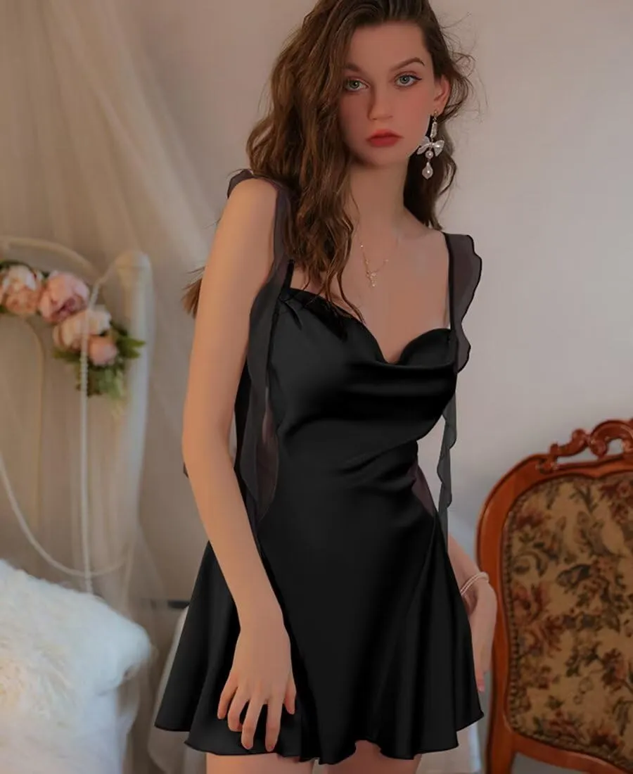 Brosloth Womens Silk Nightgown Summer Satin Sexy Night Gowns Cowl Neck Short Mesh Strappy Lingerie