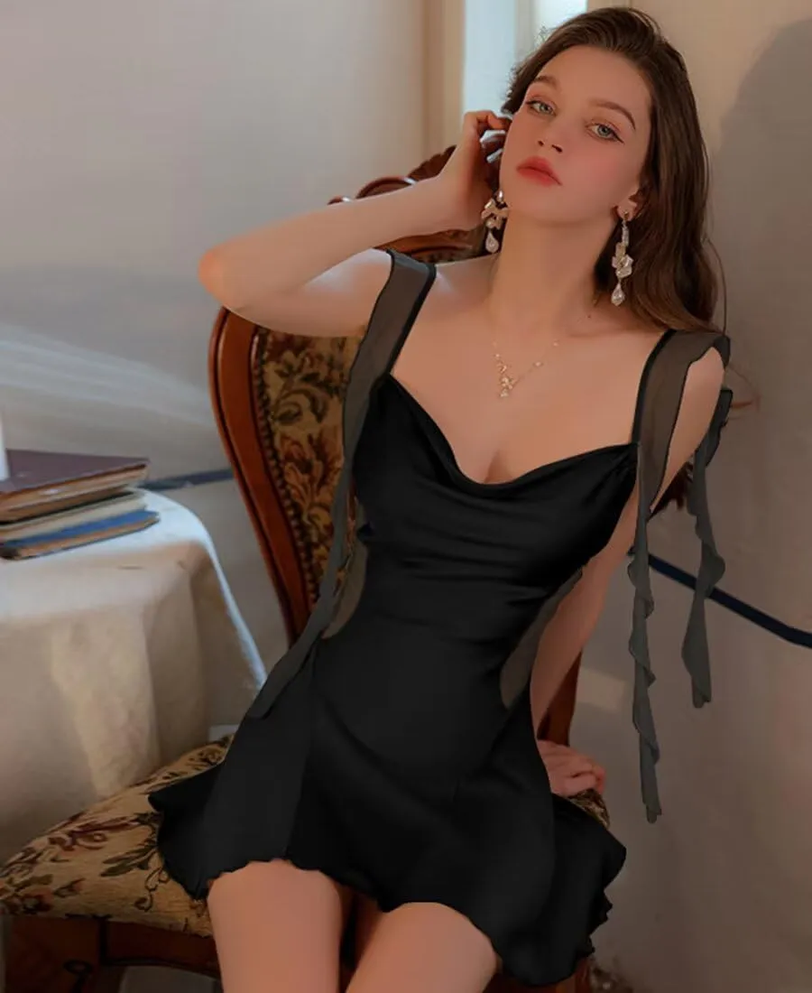 Brosloth Womens Silk Nightgown Summer Satin Sexy Night Gowns Cowl Neck Short Mesh Strappy Lingerie