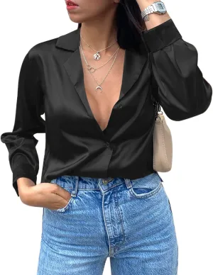 Chigant Womens Satin Silk Blouses Button Down Long Sleeve Shirt V Neck Tops