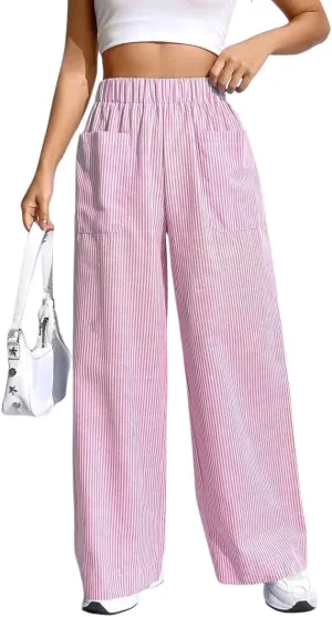 chouyatou Women's Casual Striped Wide Leg Pants Plaid Elastic Waist Palazzo Pants with Pockets