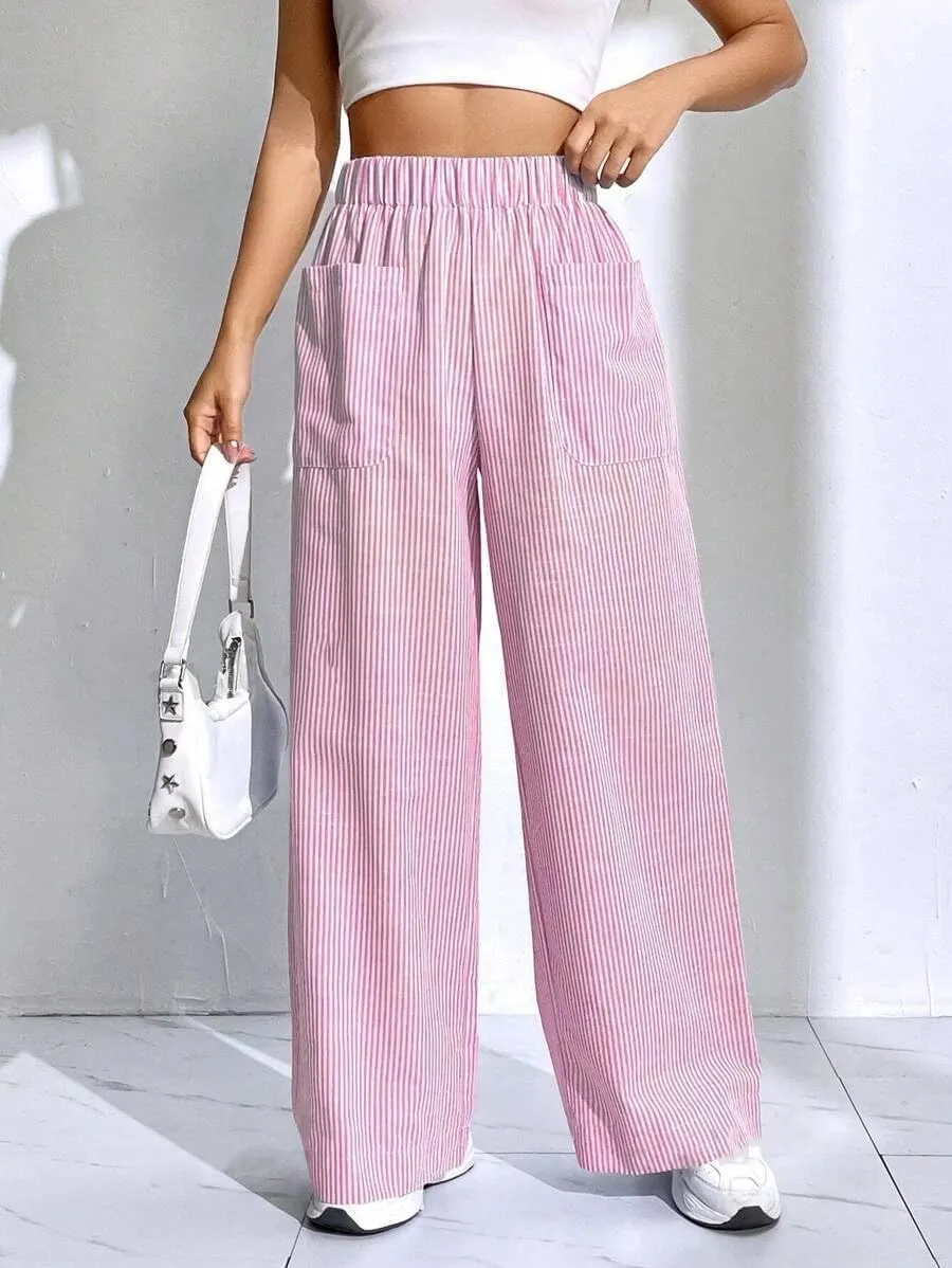 chouyatou Women's Casual Striped Wide Leg Pants Plaid Elastic Waist Palazzo Pants with Pockets