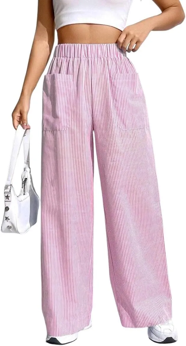 chouyatou Women's Casual Striped Wide Leg Pants Plaid Elastic Waist Palazzo Pants with Pockets