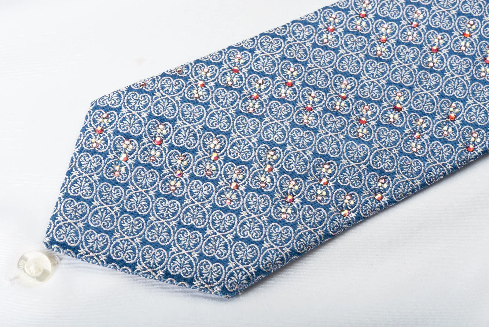 Christian Lacroix Silk Rhinestone Necktie Silver Anthemion On Blue Silk