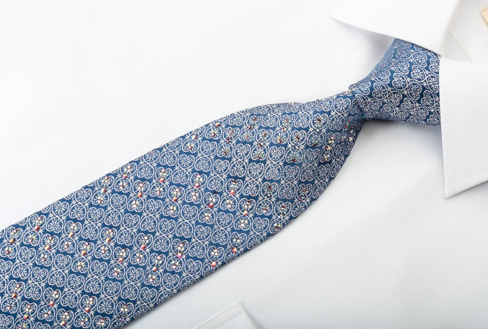 Christian Lacroix Silk Rhinestone Necktie Silver Anthemion On Blue Silk