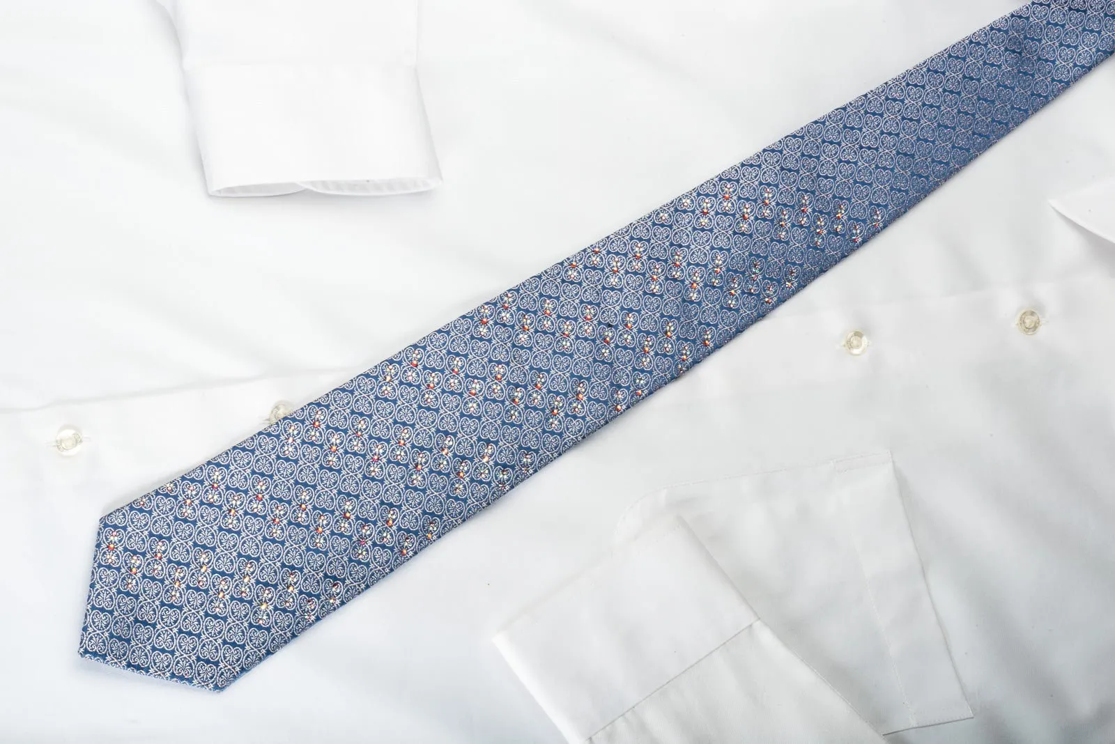 Christian Lacroix Silk Rhinestone Necktie Silver Anthemion On Blue Silk