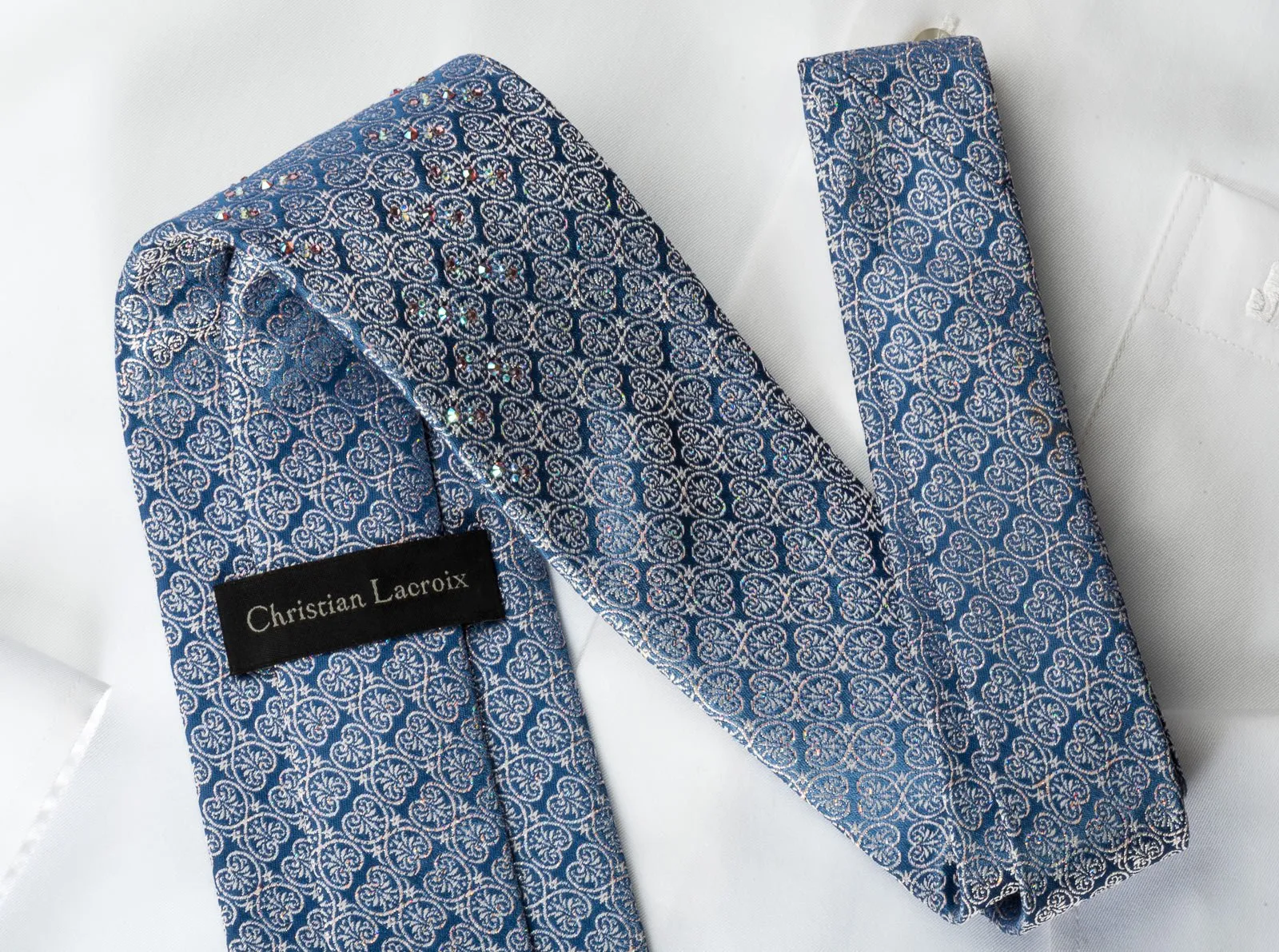 Christian Lacroix Silk Rhinestone Necktie Silver Anthemion On Blue Silk