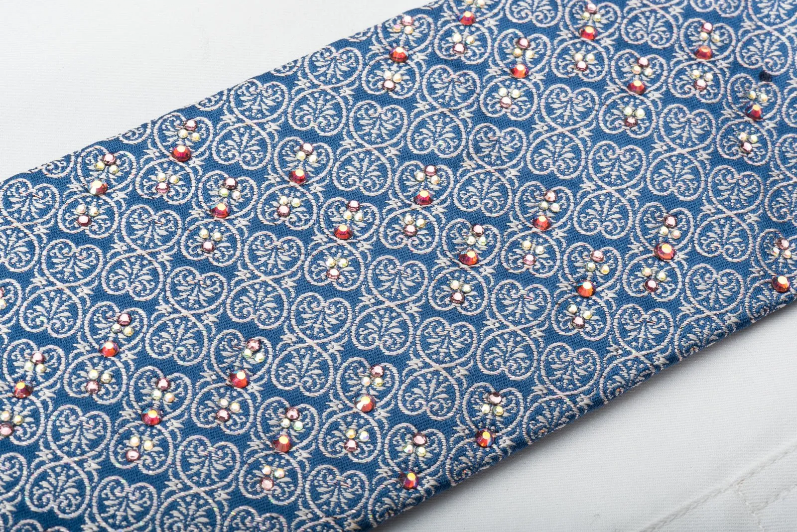 Christian Lacroix Silk Rhinestone Necktie Silver Anthemion On Blue Silk