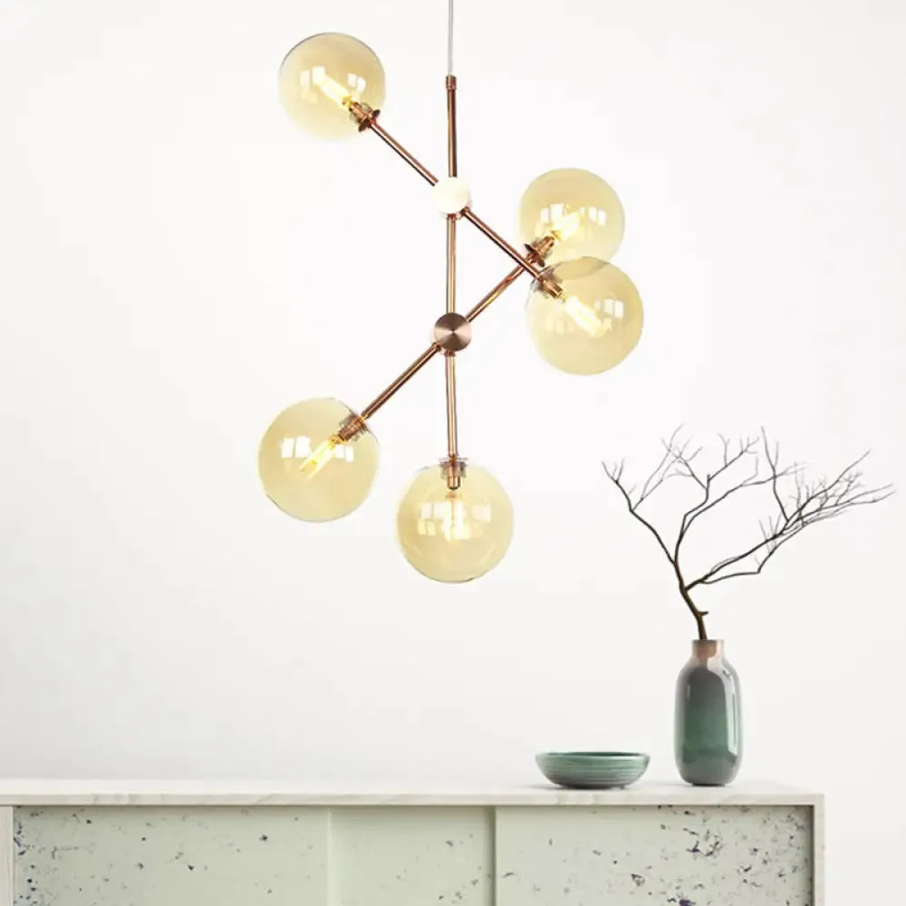 Contemporary Global Glass Chandelier - Modernist Amber/Smoke Gray, 5-Bulb LED Hanging Lamp for Living Room