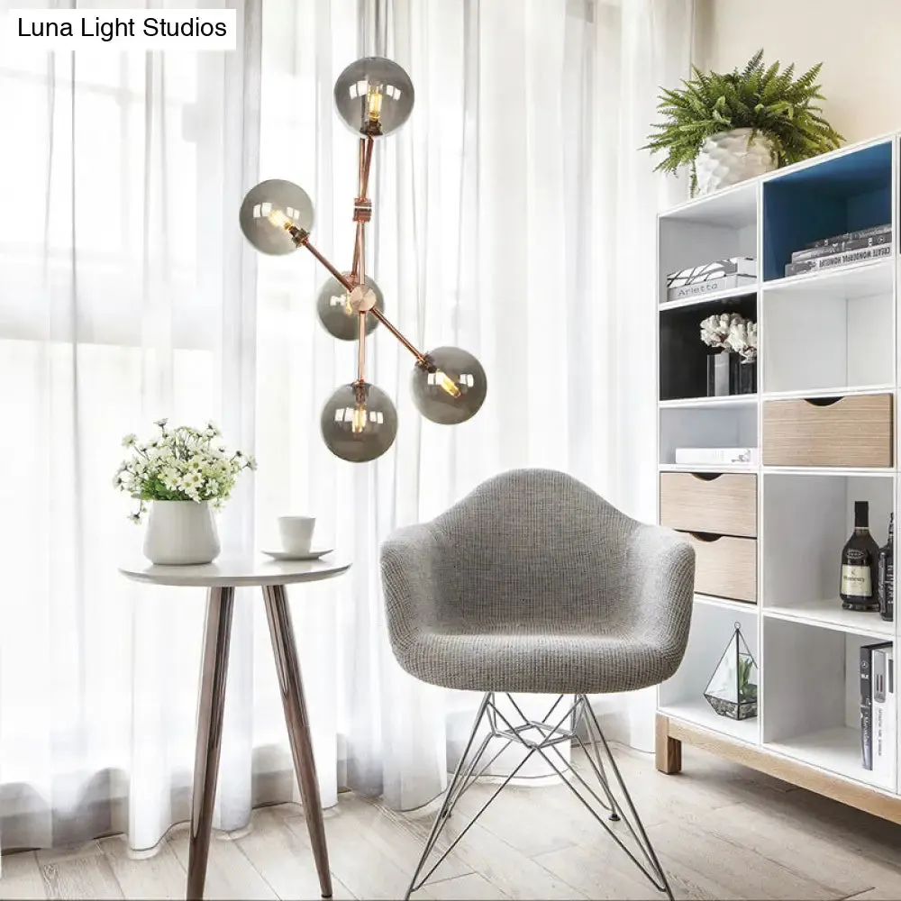 Contemporary Global Glass Chandelier - Modernist Amber/Smoke Gray, 5-Bulb LED Hanging Lamp for Living Room