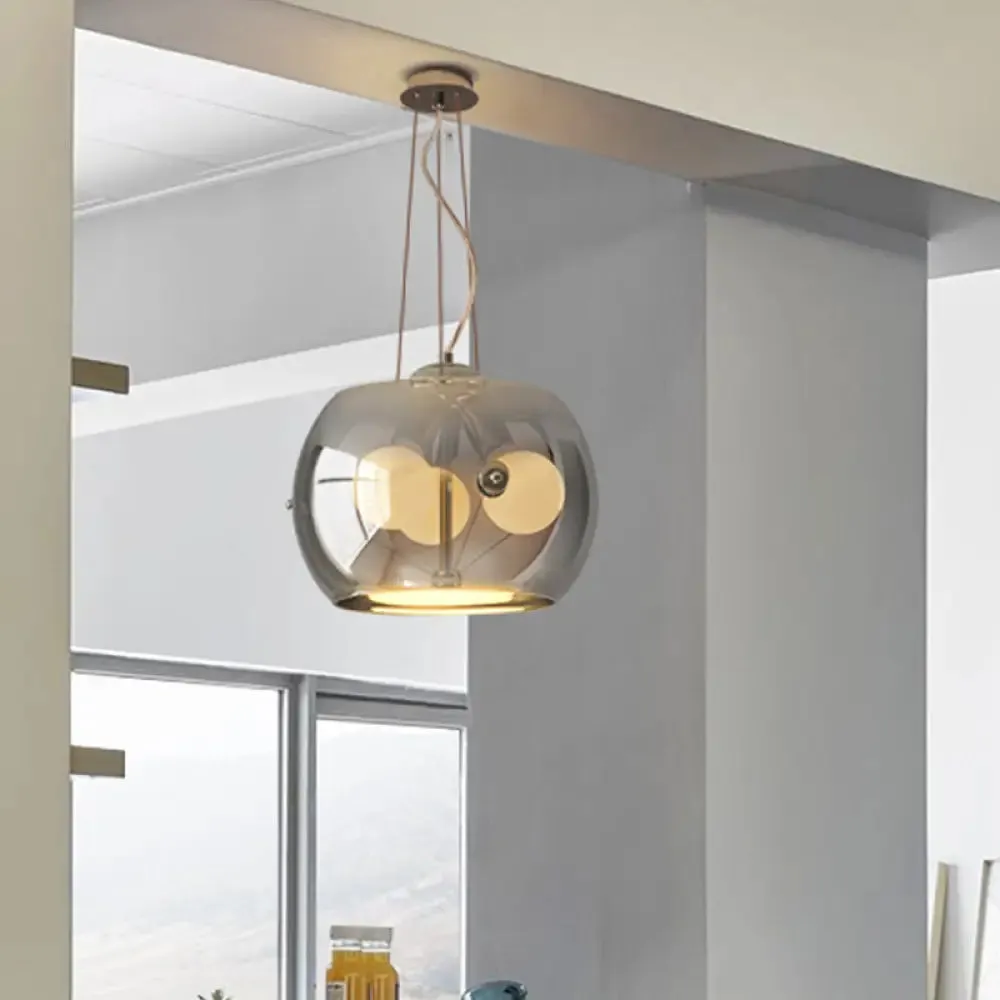 Contemporary Smoke Gray Glass Drum Ceiling Chandelier - 3 Head Pendant Light