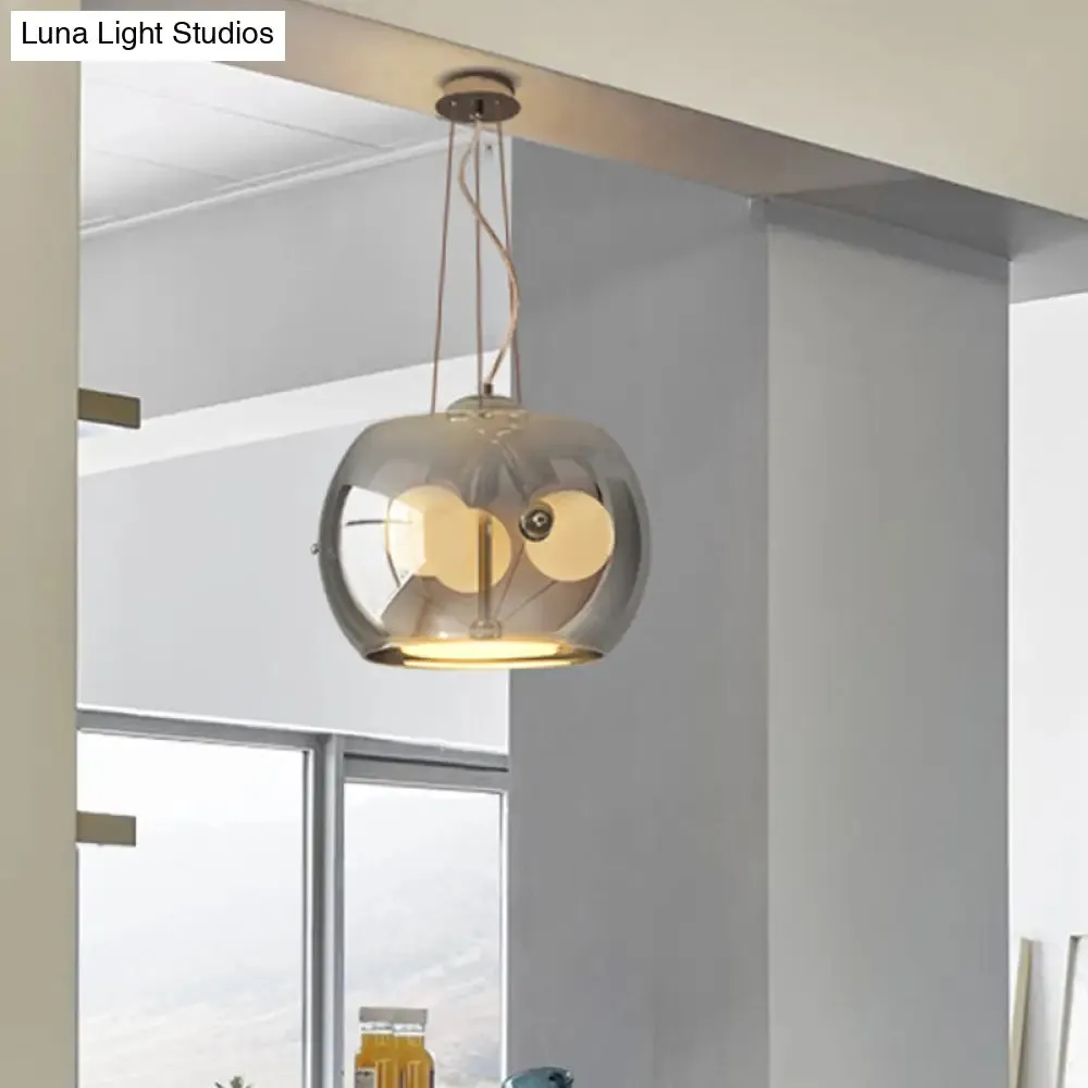 Contemporary Smoke Gray Glass Drum Ceiling Chandelier - 3 Head Pendant Light