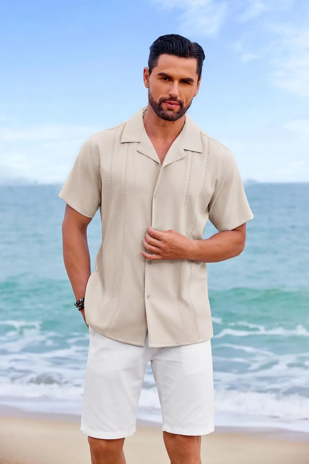 COOFANDY Guayabera Shirts for Men Cuban Short Sleeve Button Down Summer Shirts Linen Shirts