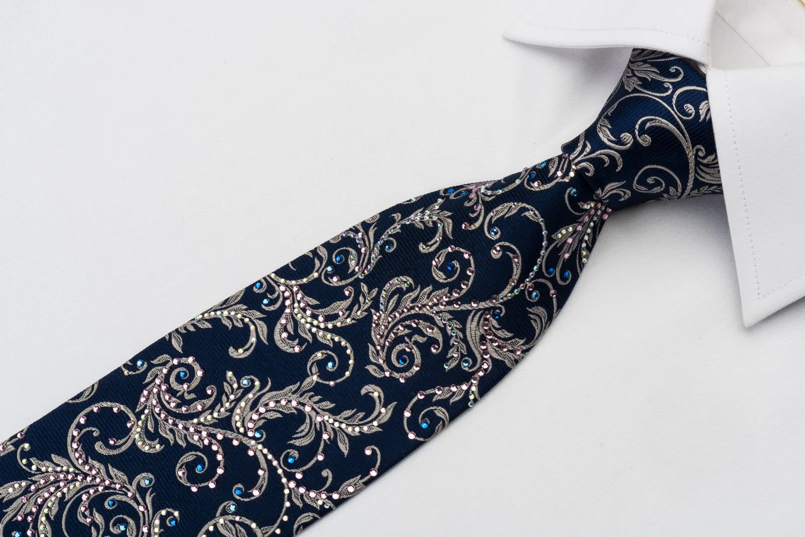Daks Rhinestone Necktie Silver Vines On Blue Woven Silk