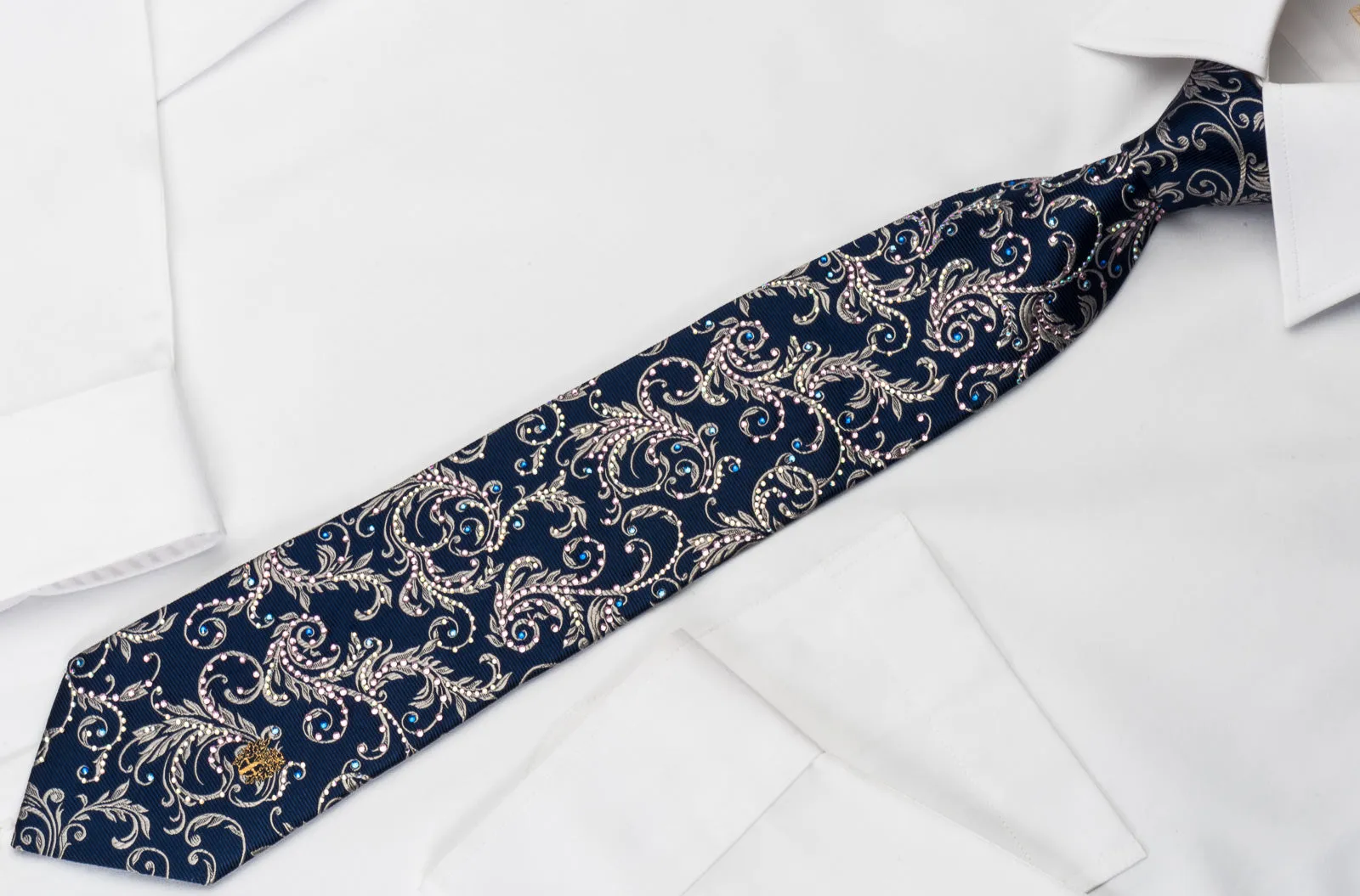 Daks Rhinestone Necktie Silver Vines On Blue Woven Silk