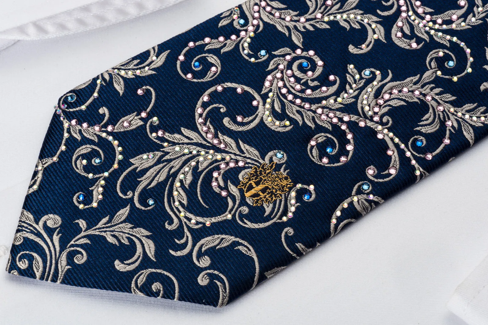 Daks Rhinestone Necktie Silver Vines On Blue Woven Silk