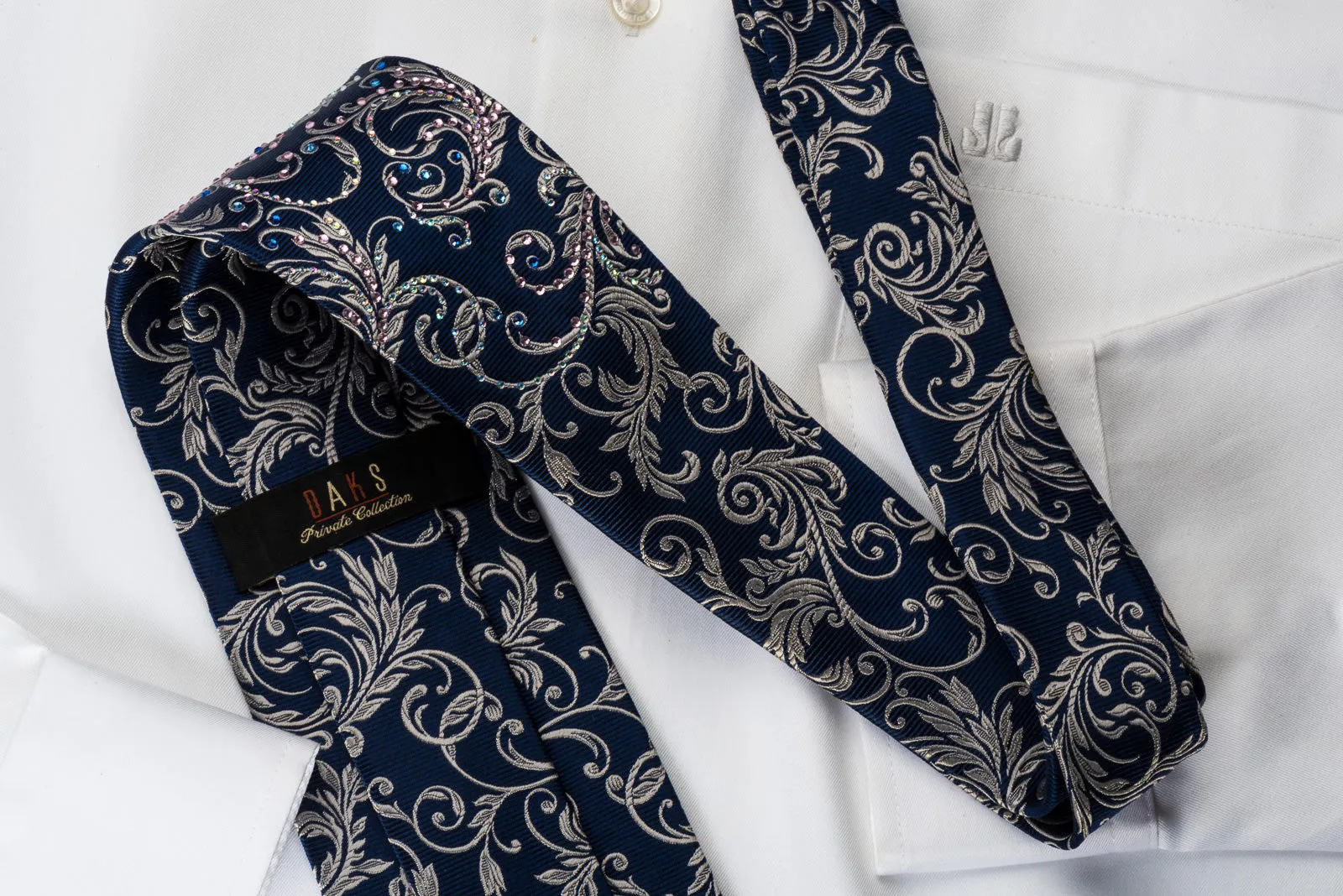 Daks Rhinestone Necktie Silver Vines On Blue Woven Silk