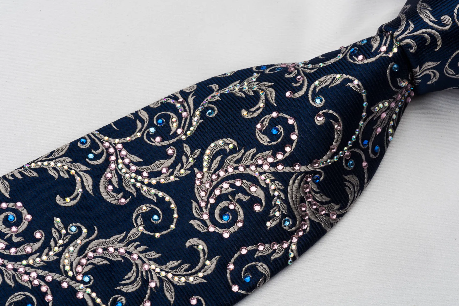 Daks Rhinestone Necktie Silver Vines On Blue Woven Silk