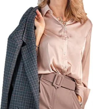 Elegant Women's Silk Satin Button-Down Shirt - Luxury Long Sleeve Collared Blouse for Casual or Formal Wear