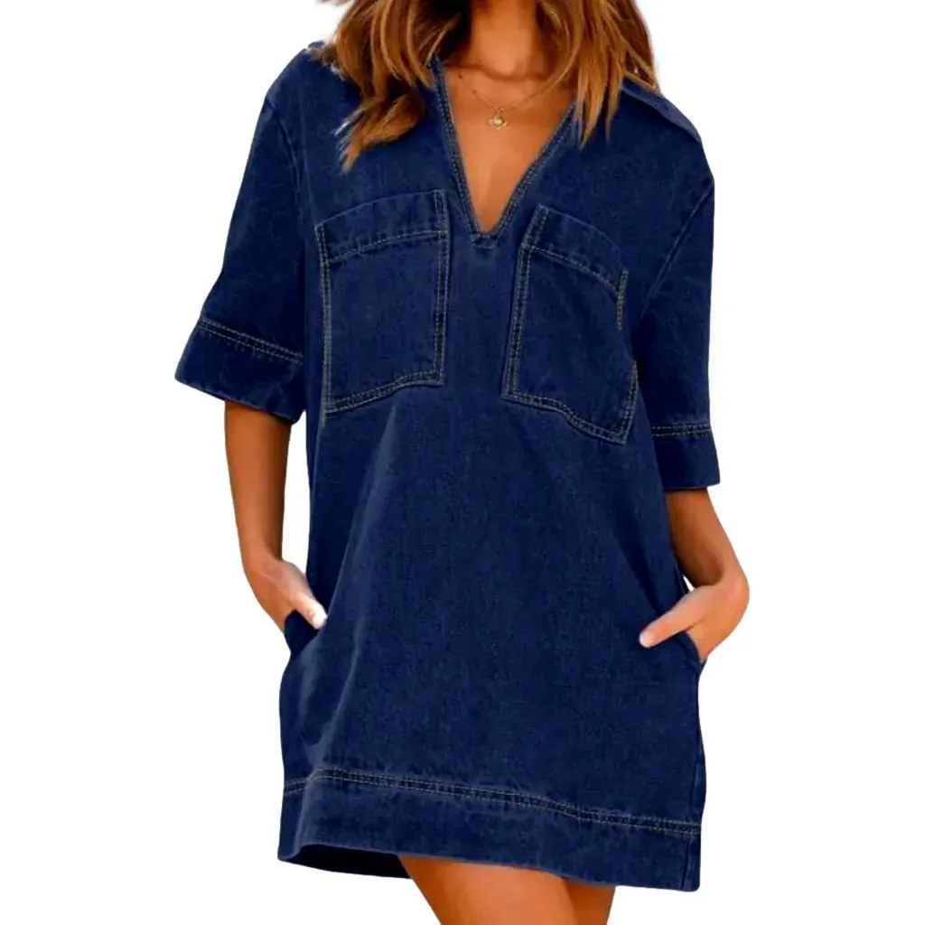 Fashionable v-neck denim caftan dress