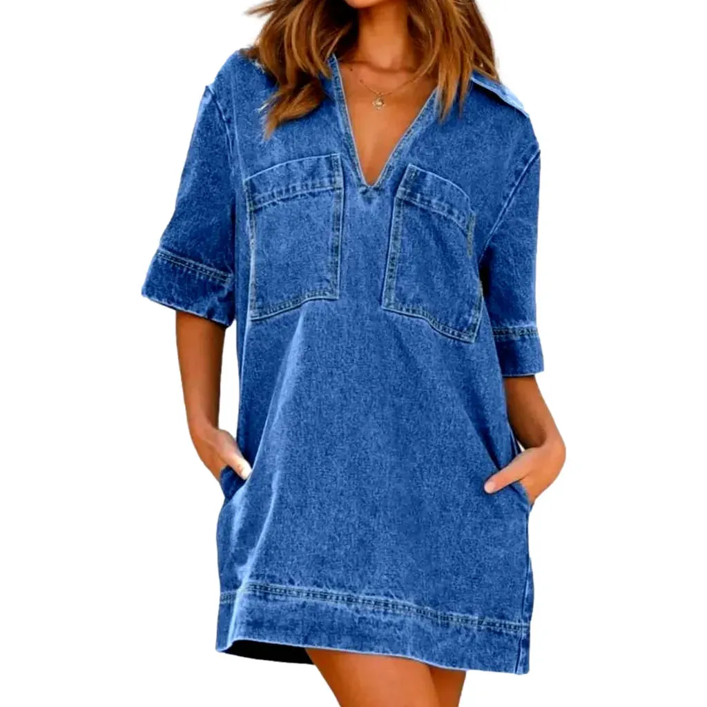 Fashionable v-neck denim caftan dress