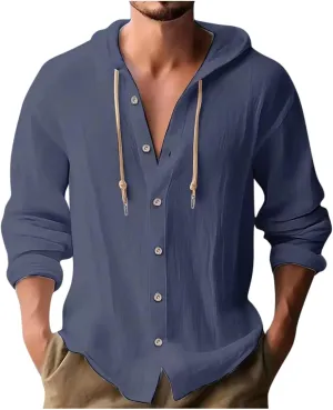 generic Mens Long Sleeve Linen Shirts Drawstring Hooded Sweatshirt Casual Fall Button Shirts Boys Trendy Streetwear Loose Fit
