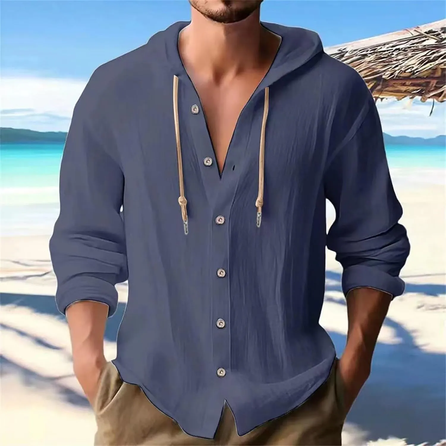 generic Mens Long Sleeve Linen Shirts Drawstring Hooded Sweatshirt Casual Fall Button Shirts Boys Trendy Streetwear Loose Fit