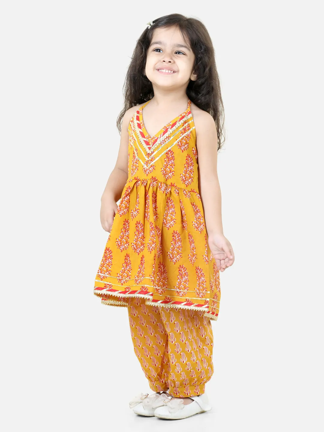 Girl's Cotton Yellow Kurti Sets - Bownbee
