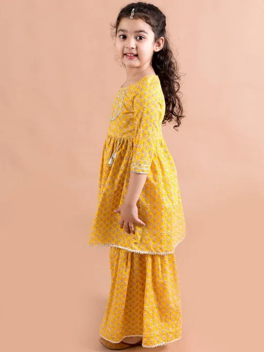 Girls Mustard Yellow Floral Printed Pure Cotton Kurta With Sharara - Ps Peaches