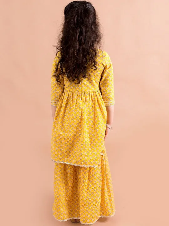 Girls Mustard Yellow Floral Printed Pure Cotton Kurta With Sharara - Ps Peaches