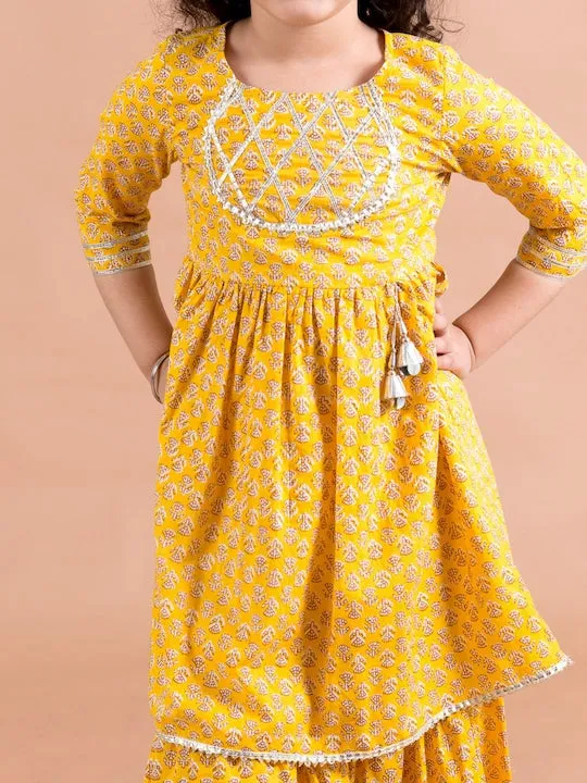 Girls Mustard Yellow Floral Printed Pure Cotton Kurta With Sharara - Ps Peaches