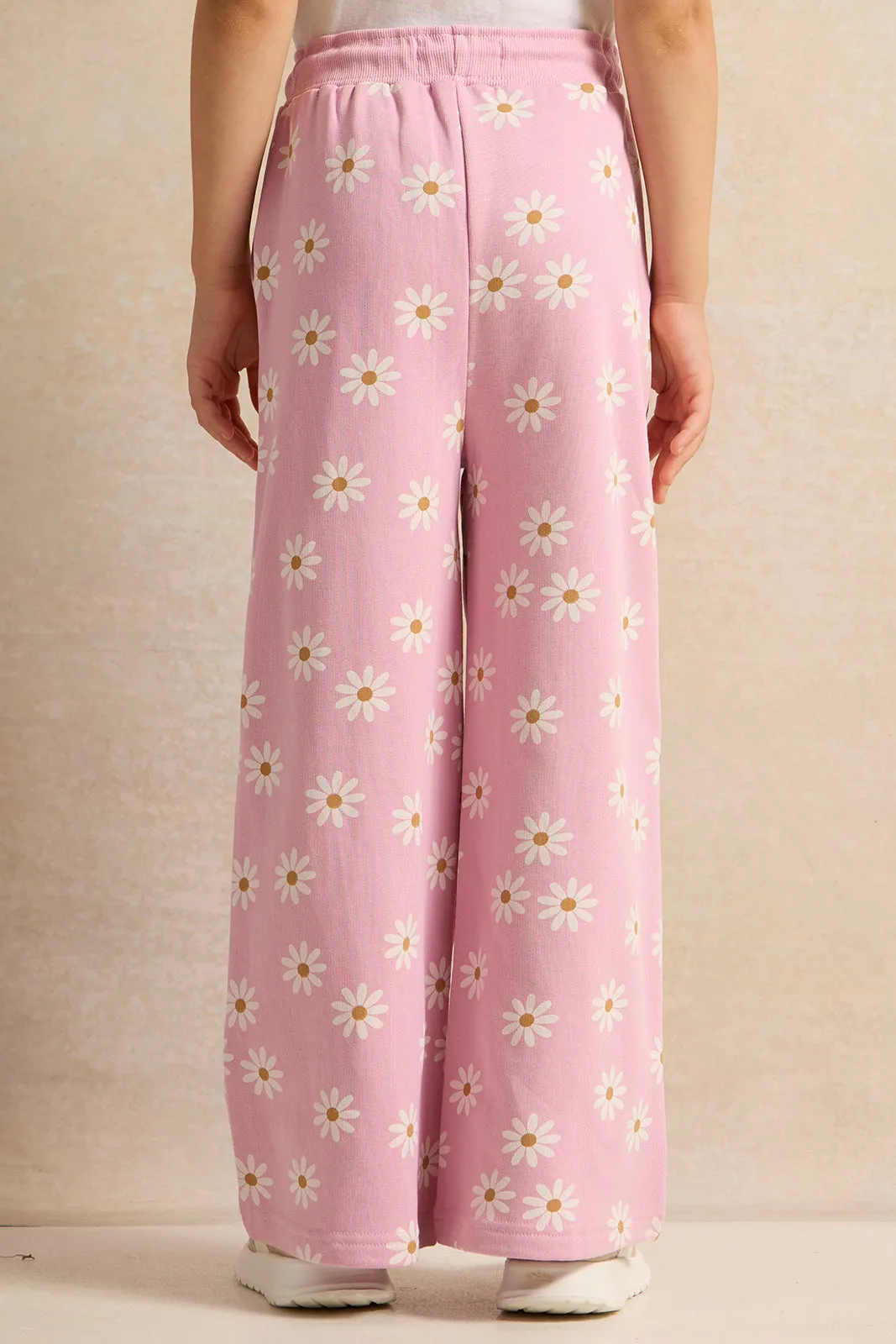 Girls Pink Floral Printed Track Pants