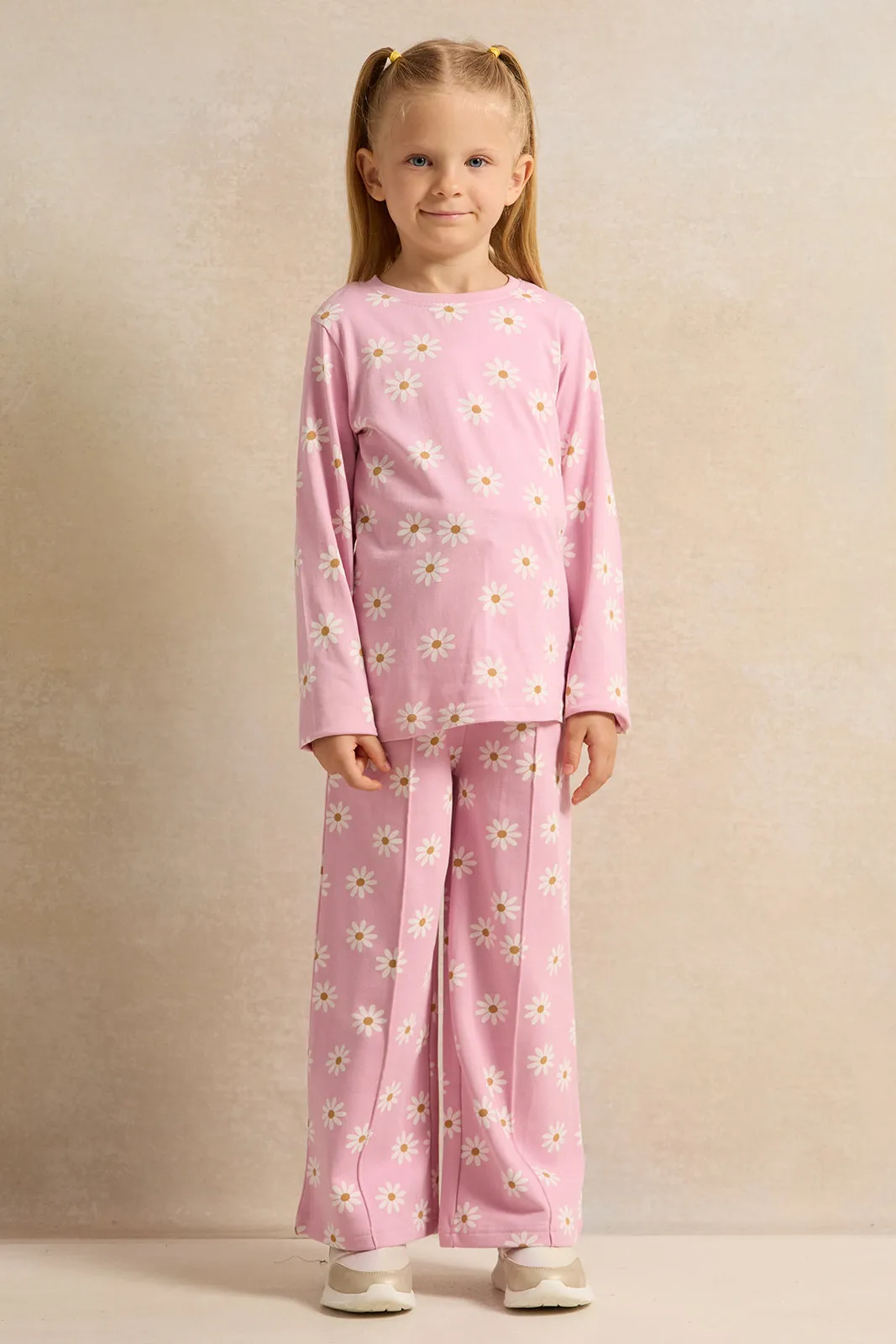 Girls Pink Floral Printed Track Pants