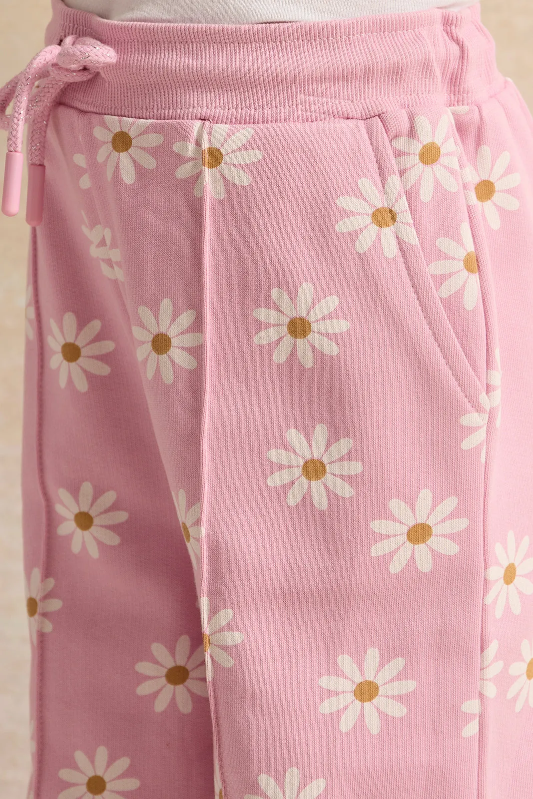 Girls Pink Floral Printed Track Pants