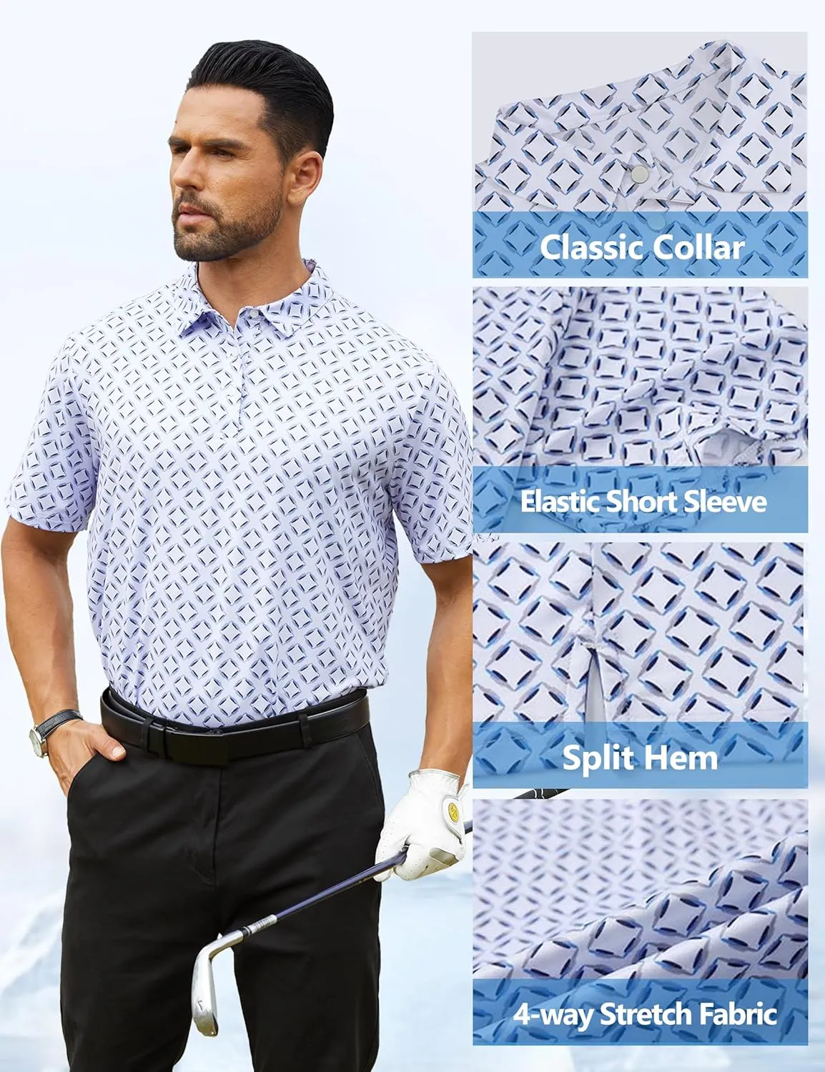 Golf Shirts for Men Printed Performance Moisture Wicking Short Sleeve Dry Fit Polo Shirts
