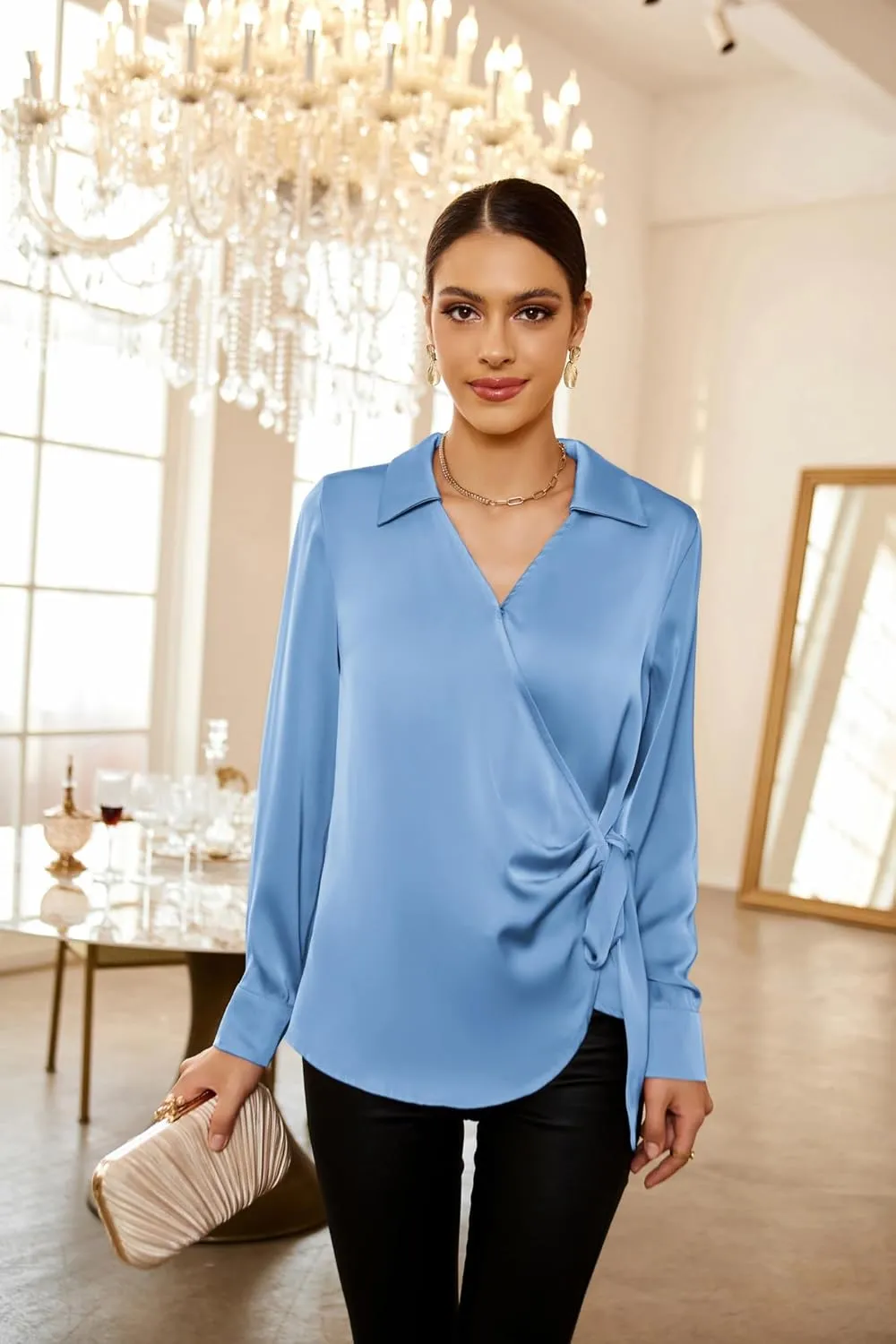 GRACE KARIN Women's Satin Silk Blouses Wrap V Neck Shirts Long Sleeve Elegant Tie Waist Office Formal Work Tunic PulloverTops